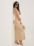 Bézs színű ujjatlan midi ceruzaruha