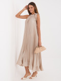 Bézs színű koktél midi ruha megkötővel és fodorral