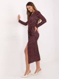 Bordó színű pöttyös midi ruha átlapolt dekoltázzsal