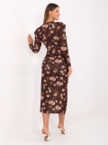 Barna szín˝i virágmintás midi ruha átlapolt dekoltázzsal