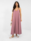 Maxi nyári ruha V-nyakkivágással és zsebekkel, sötét rózsaszínű