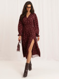 Bordó színű virágmintás midi ruha fodorral
