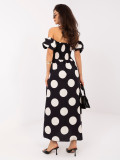 Fekete színű maxi ruha pöttyökkel és vállat szabadon hagyó nyakkivágással