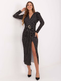 Fekete színű pöttyös midi ceruza ruha átlapolt dekoltázzsal