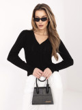 Fekete színű áttört pulóver V-nyakkivágással és gombokkal