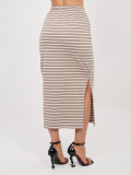 Bézs midi szoknya csíkos mintával és zsebekkel