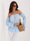 Világoskék nyitottvállú, puffos ujjú blúz