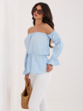 Világoskék nyitottvállú, puffos ujjú blúz