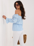 Világoskék nyitottvállú, puffos ujjú blúz