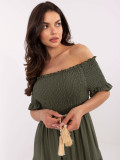 Khaki színű off-shoulder fazonú midi ruha