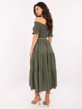 Khaki színű off-shoulder fazonú midi ruha