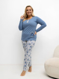 Női kék pizsama virágmintával, hosszú ujjú