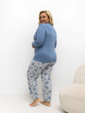 Női kék pizsama virágmintával, hosszú ujjú