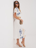 Fehér-kék színű hímzett, öves midi ingruha