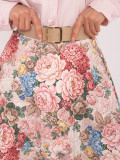 Rózsaszínű virágmintás midi szoknya övvel