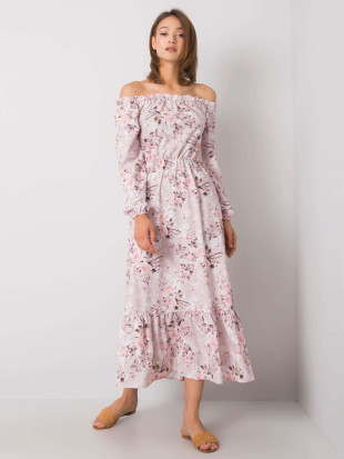Rózsaszínű  virágmintás maxi ruha off-shoulder szabásban RUE PARIS