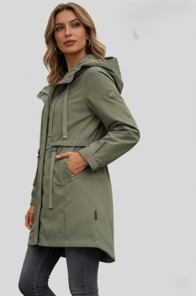 Khaki színű tavaszi parka nagy kapucnival