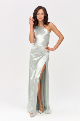 Mentaszínű egyvállas szatén maxi ruha