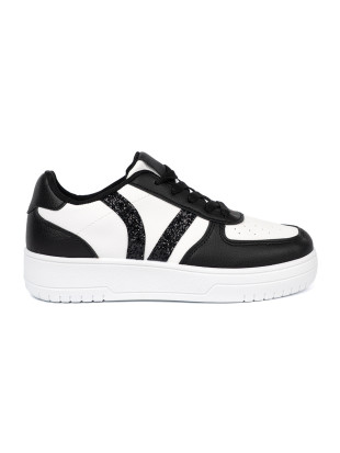 Stílusos fekete-fehér színű sneaker cipő csillogó részletekkel