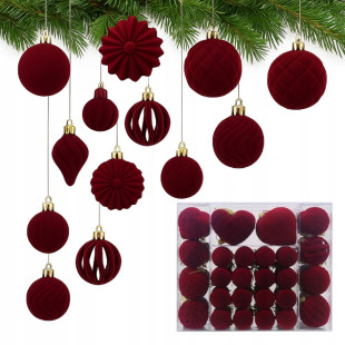 Velúr bordó színű karácsonyfadíszek, 48 darab