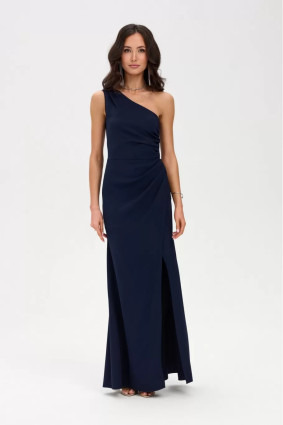 Egyvállas sötétkék színű maxi ruha oldalhasítékkal
