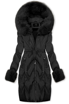 Téli műbőrkabát műszőrmével - fekete színű