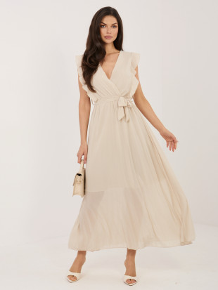 Bézs színű bővülő midi ruha övvel