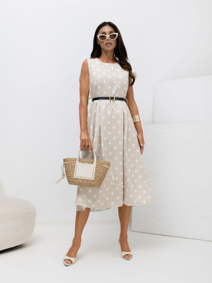 Bézs színű pöttyös midi ruha övvel
