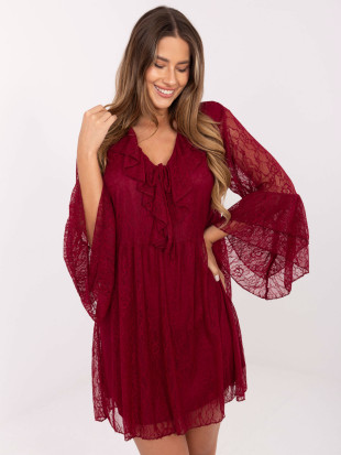 Bordó színű A-vonalú mini ruha csipkével és fűzéssel