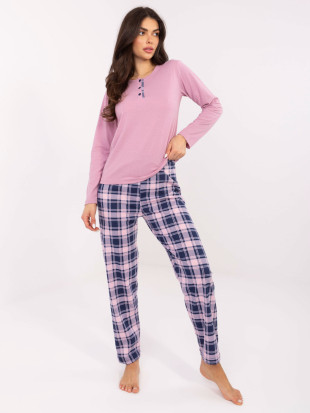 Női hosszú ujjú pizsama rózsaszín kockás mintával