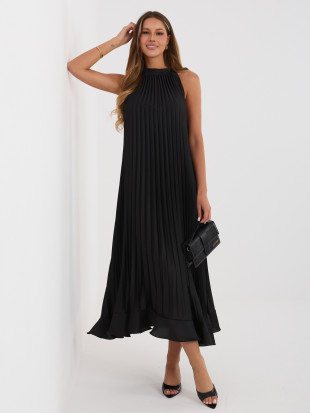 Fekete színű koktél midi ruha megkötővel és fodorral