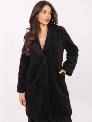 Fekete színű teddy kabát béléssel és zsebekkel