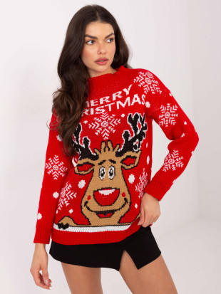 Piros pulóver állógallérral és mintával