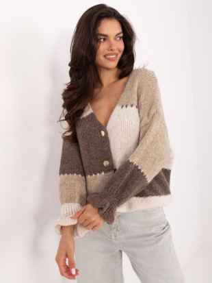 Bézs csíkos kötött pulóver fodorral és V-nyakkivágással