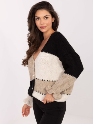 Fekete-bézs csíkos kardigán fodorral és V-nyakkivágással