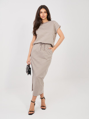 Bézs midi szoknya csíkos mintával és zsebekkel