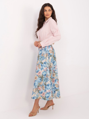 Elegáns virágmintás midi szoknya övvel - világoskék színű