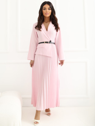 Elegáns bővülő midi ruha övvel és gallérral - rózsaszínű