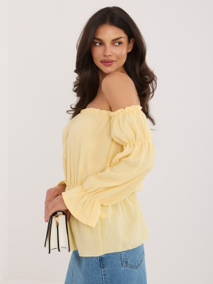 Sárga, váll nélküli blúz puffos ujjal