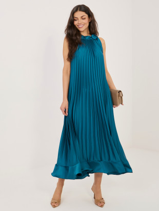 Kék színű midi koktélruha megkötővel és fodorral