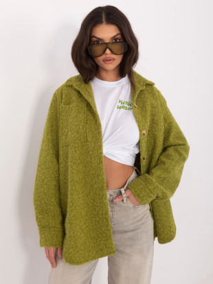 Olivazöld színű átmeneti dzseki gallérral és zsebekkel