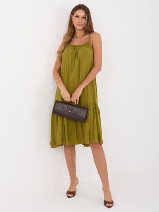 Olívzöld midi ruha fodorral