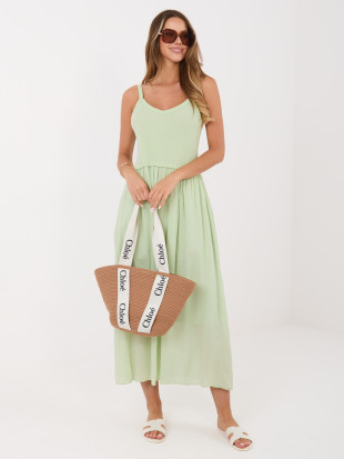 Pisztáciazöld színű vállpántos maxi ruha