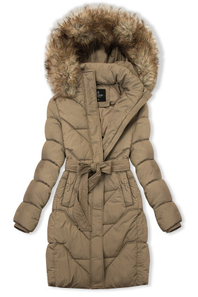 Elegáns téli kabát szőrmével - kávébarna színű