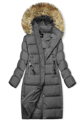 Szürke színű hosszú téli kabát műszőrmével
